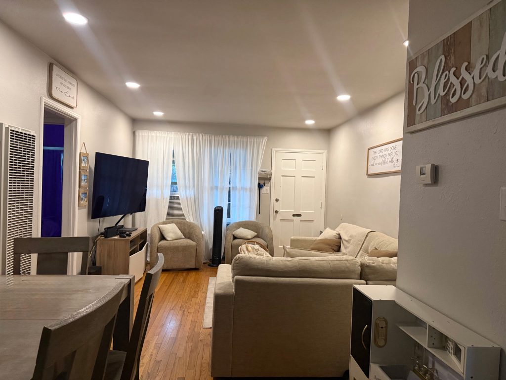 Recessed LED lighting installed in a living room ceiling