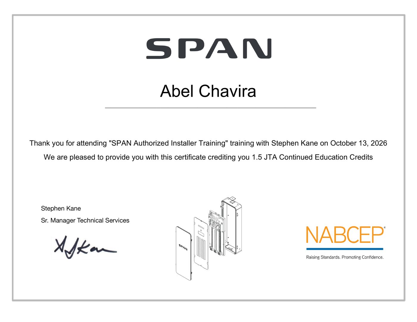 SPAN Authorized Installer Certificate — Abel Chavira